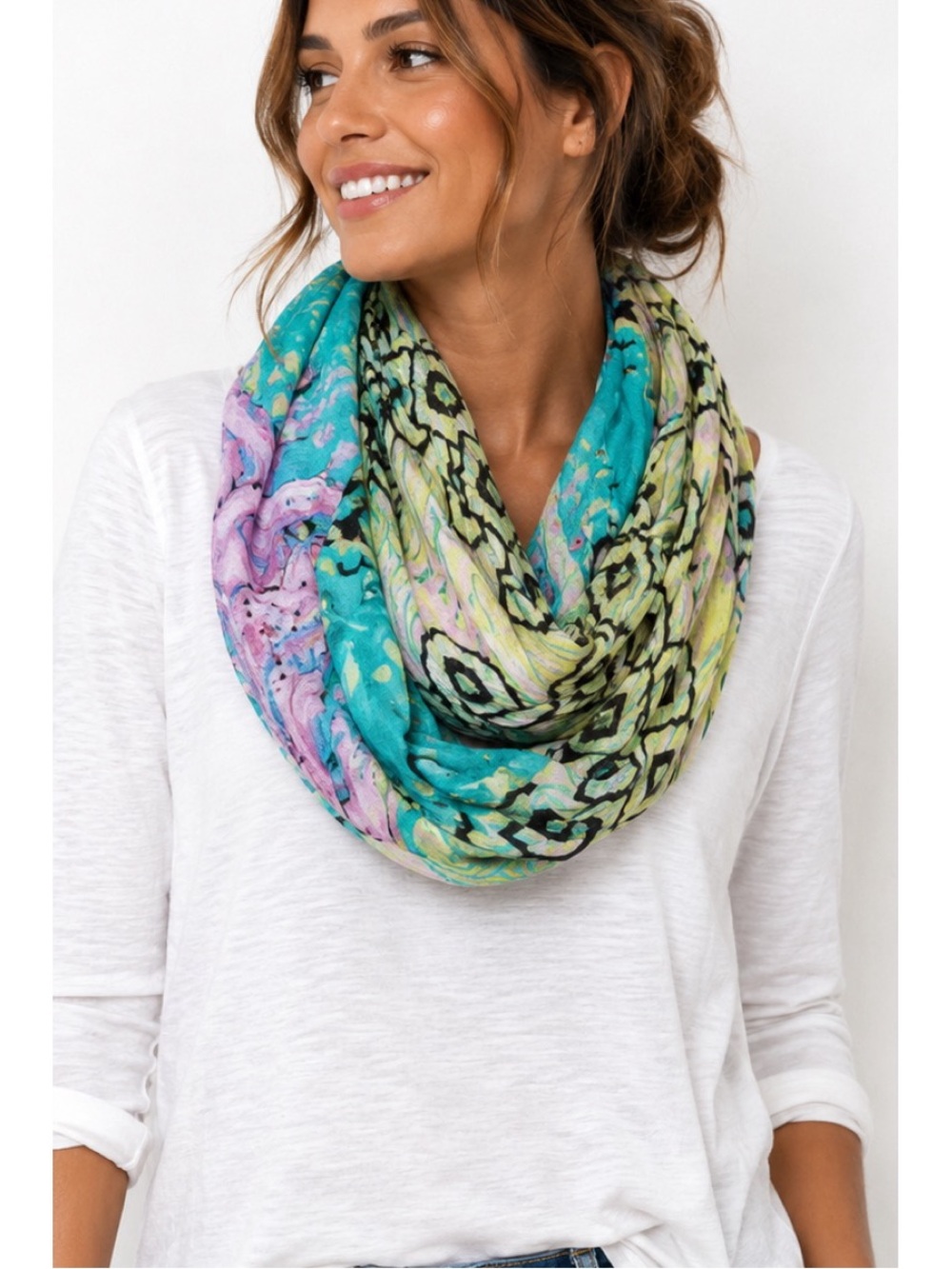 Vanity blue,yellow, pink infinity scarf